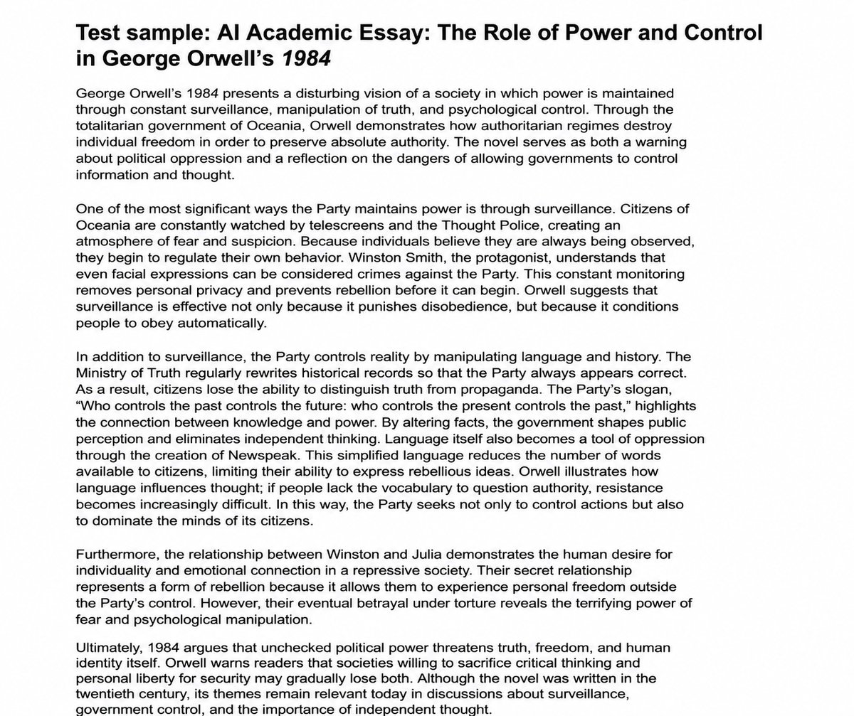 Test Sample (AI Academic Essay: The Role of Power and Control in George Orwell’s 1984)