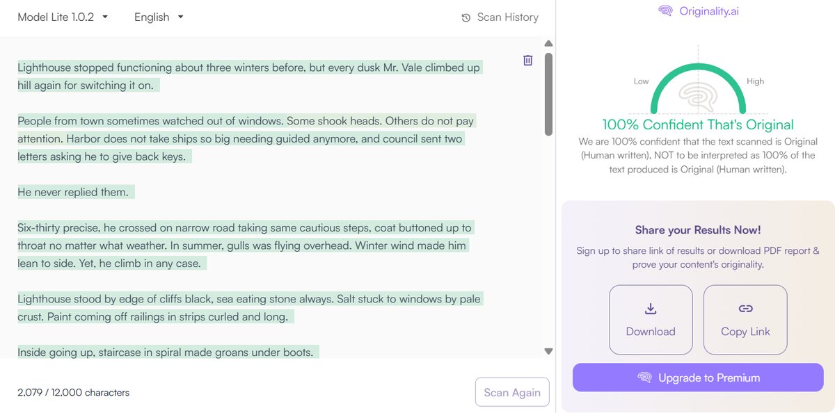 Creative Writing: Originality.ai Detection Results