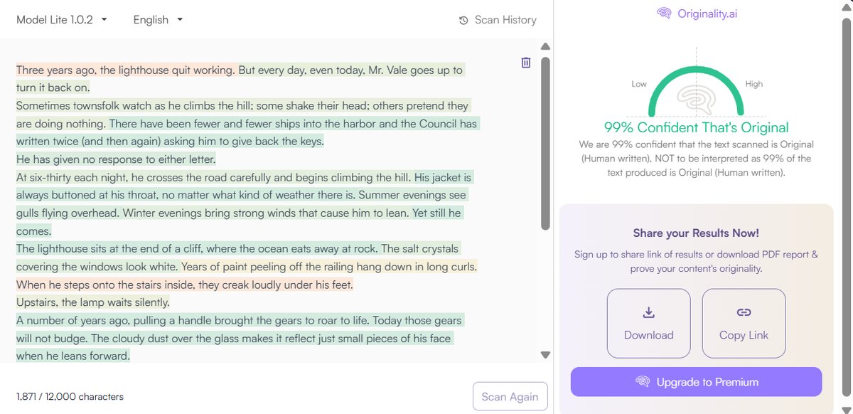 Creative Writing: Originality.ai Detection Results