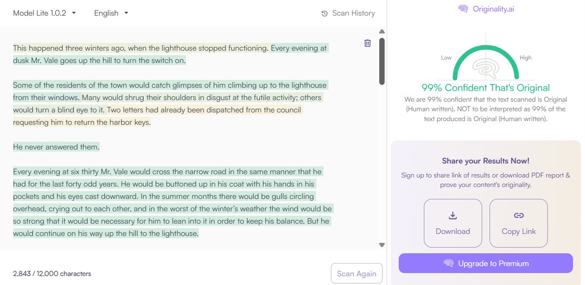 Creative Writing: Originality.ai Detection Results