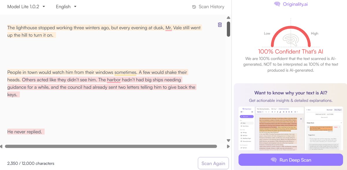 Creative Writing: Originality.ai Detection Results