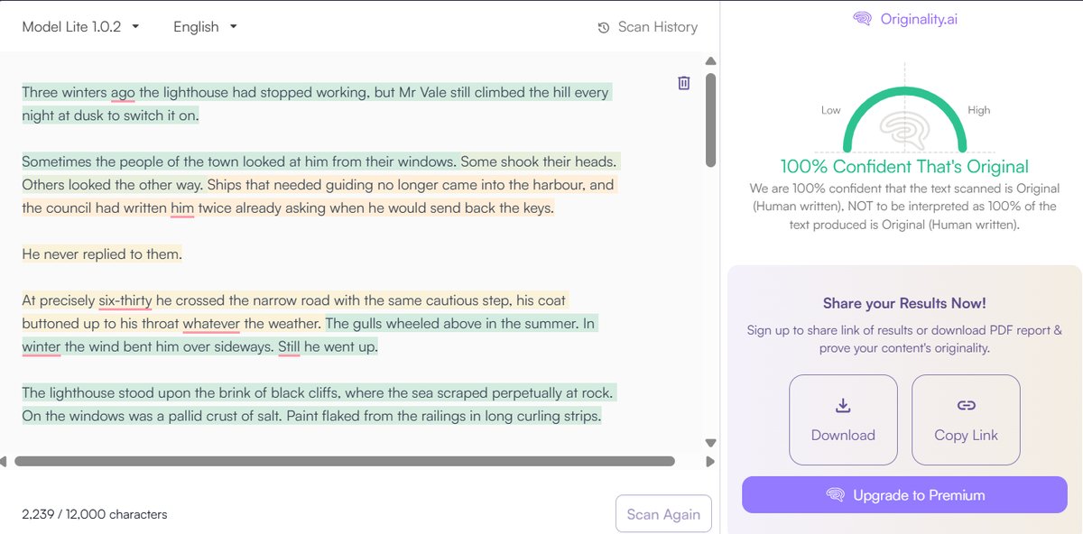 Creative Writing: Originality.ai Detection Results