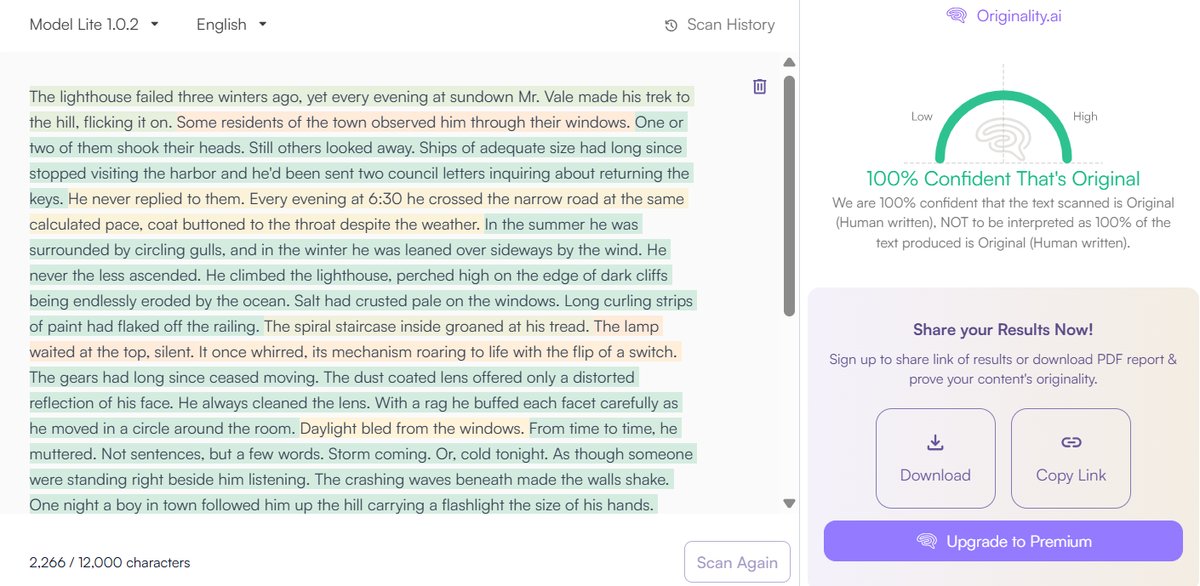 Creative Writing: Originality.ai Detection Results