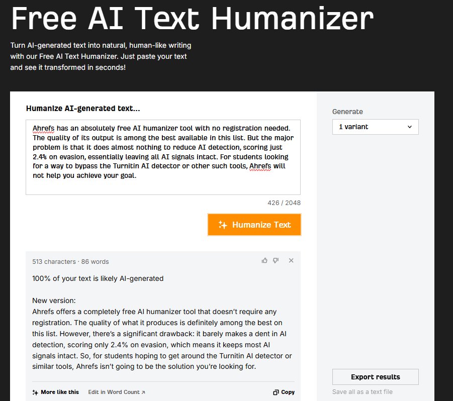 Tool #6: Ahrefs AI Humanizer - Excellent Quality, Near-Zero Detection Evasion