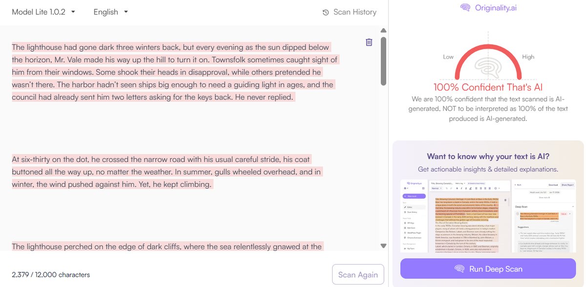 Creative Writing: Originality.ai Detection Results