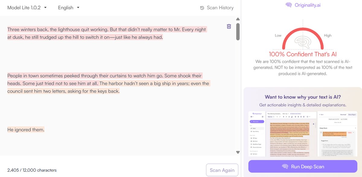 Creative Writing: Originality.ai Detection Results