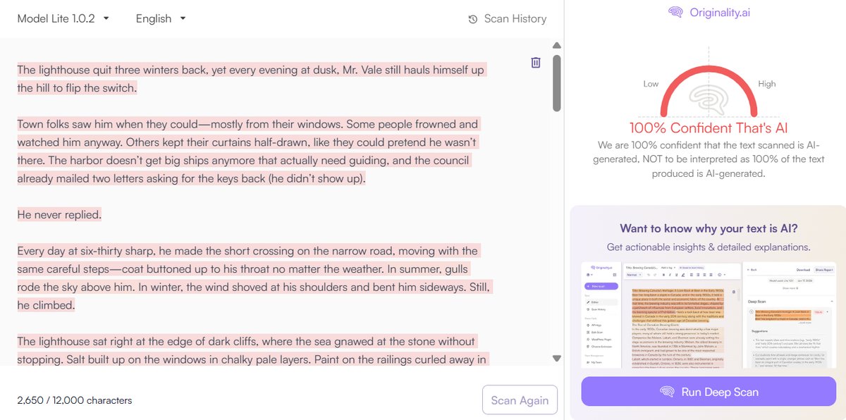Creative Writing: Originality.ai Detection Results