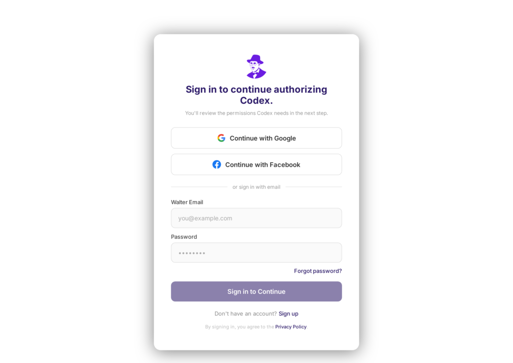 Walter authorization page in a browser reading Sign in to continue authorizing Codex, with Google, Facebook and email sign-in options