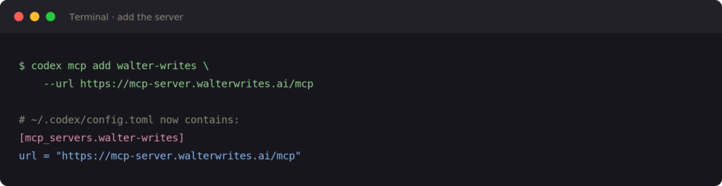 Terminal running codex mcp add walter-writes with the MCP server URL, and the resulting mcp_servers table written to config.toml