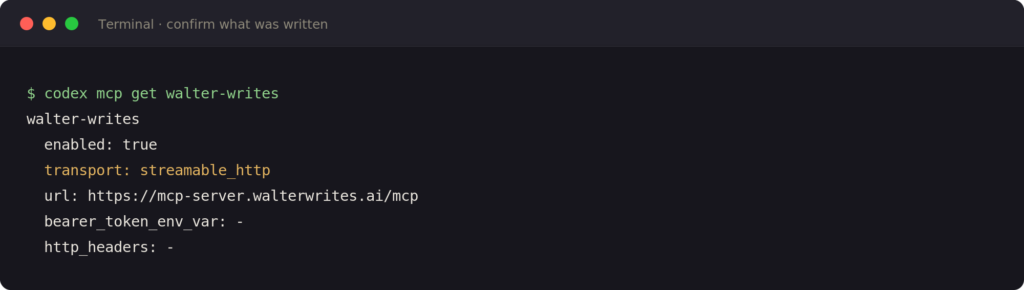 Terminal running codex mcp get walter-writes, showing enabled true, streamable_http transport and the server URL