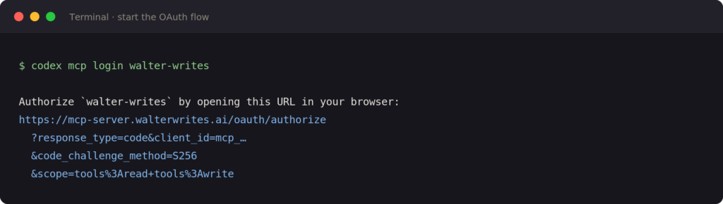 Terminal running codex mcp login walter-writes, printing the OAuth authorize URL with tools read and write scopes