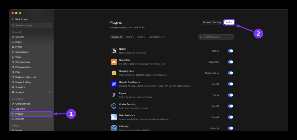 Codex settings with the Plugins item highlighted in the sidebar and the Add button highlighted in the top right