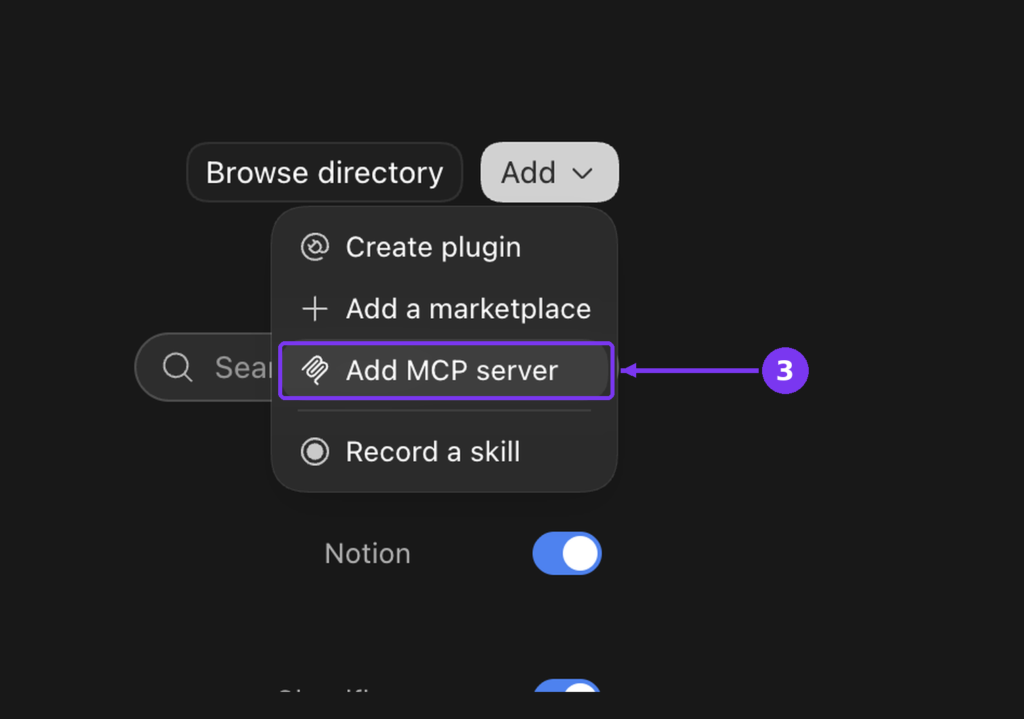 The Add menu in Codex plugin settings opened, with Add MCP server highlighted