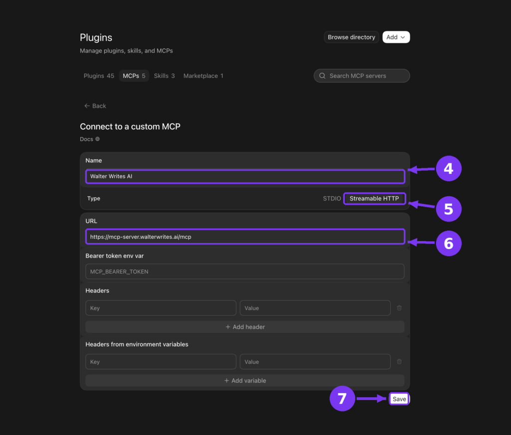 The Connect to a custom MCP form in Codex with Name set to Walter Writes AI, Type set to Streamable HTTP, the Walter MCP server URL entered, and the Save button highlighted