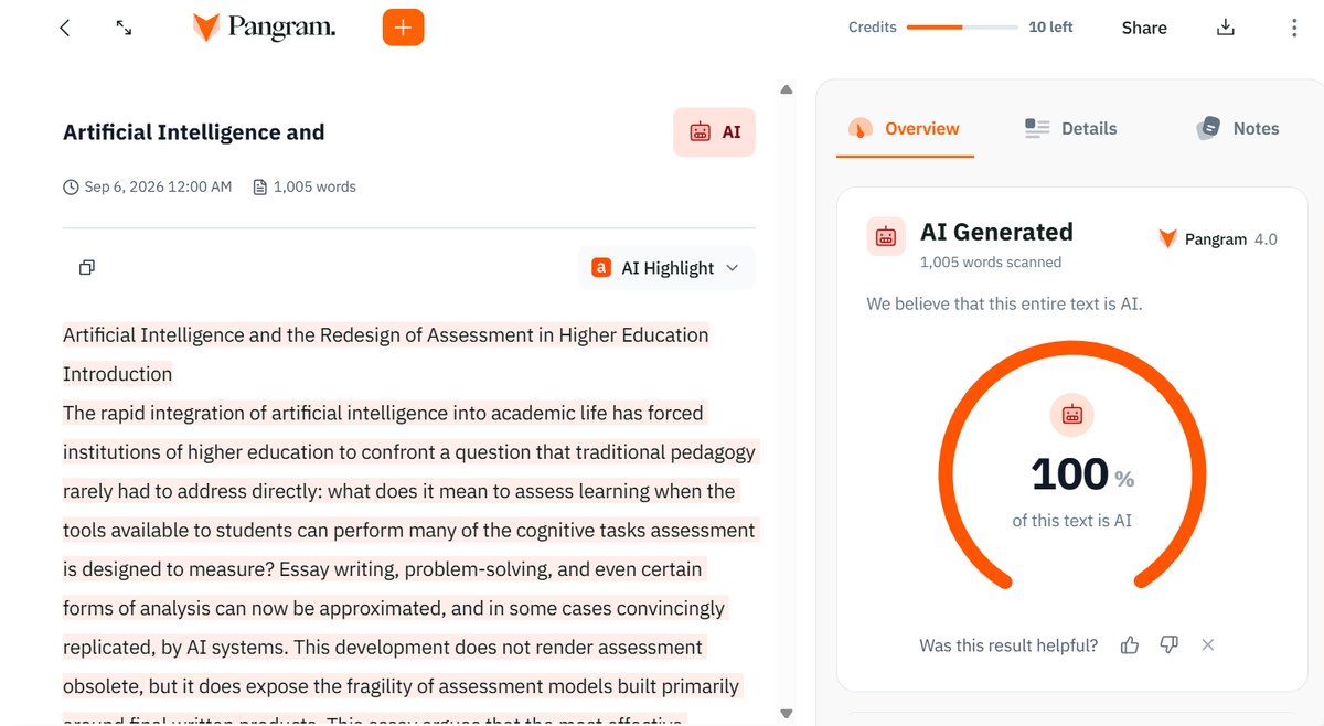 Pangram Results: AI and Human Academic Essay