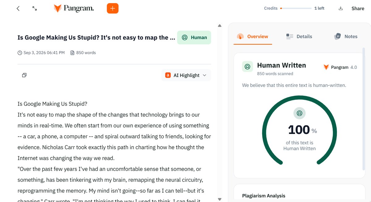 Pangram Results: AI and Human Academic Essay