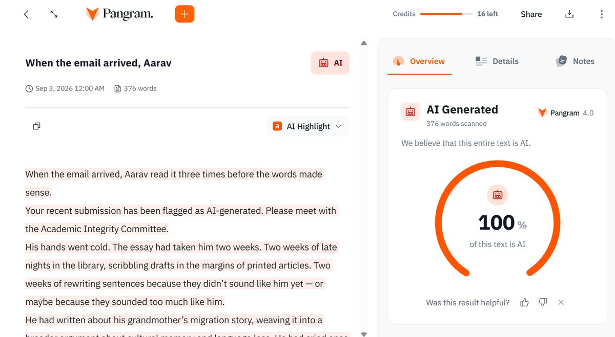 Pangram Results: AI and Human Creative Writing