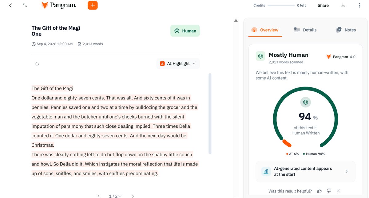 Pangram Results: AI and Human Creative Writing
