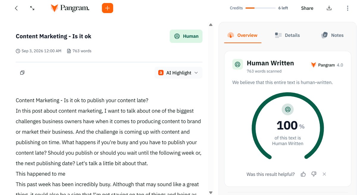 Pangram Results: AI and Human Social Media Post
