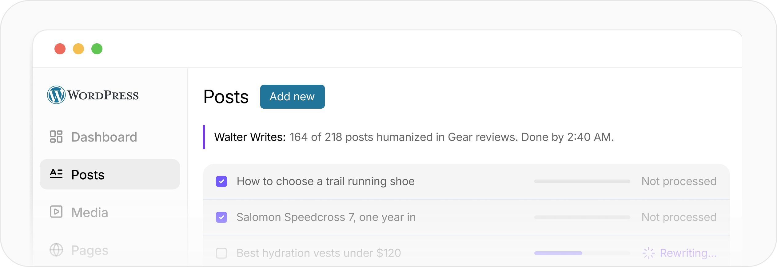 Concept illustration of a WordPress posts list with a bulk review queue.