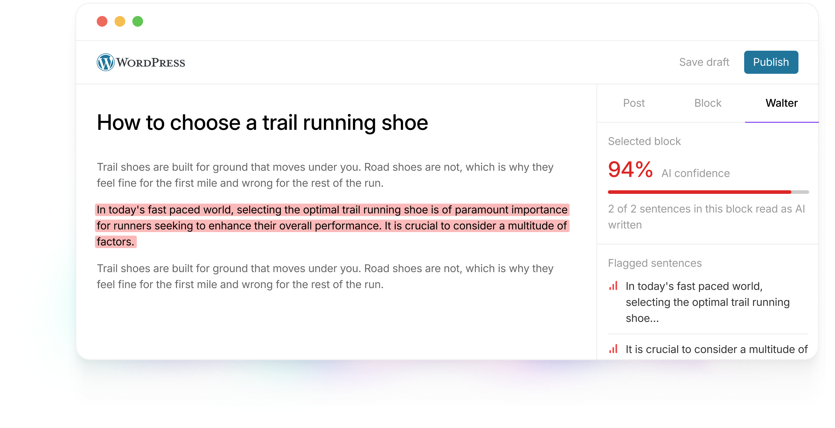 Design preview of Walter’s planned WordPress editor sidebar, with an illustrative AI detection result.